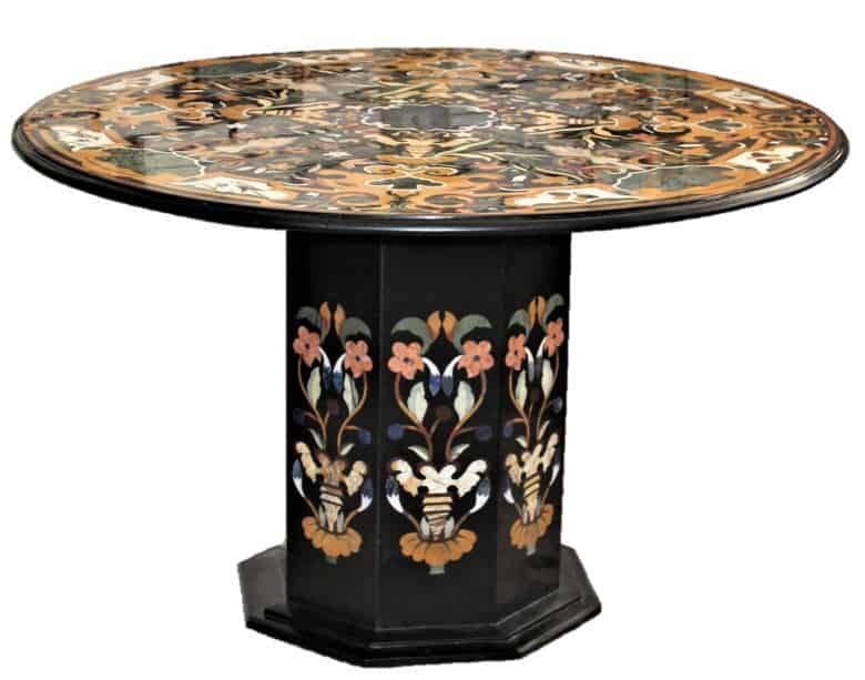 Modern-Pietra-Dura-Round-Marble-Top-Chamfered-Pedestal-Table