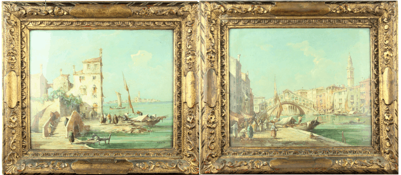 Pair of Venetian Figural Landscapes, Oil on Canvas