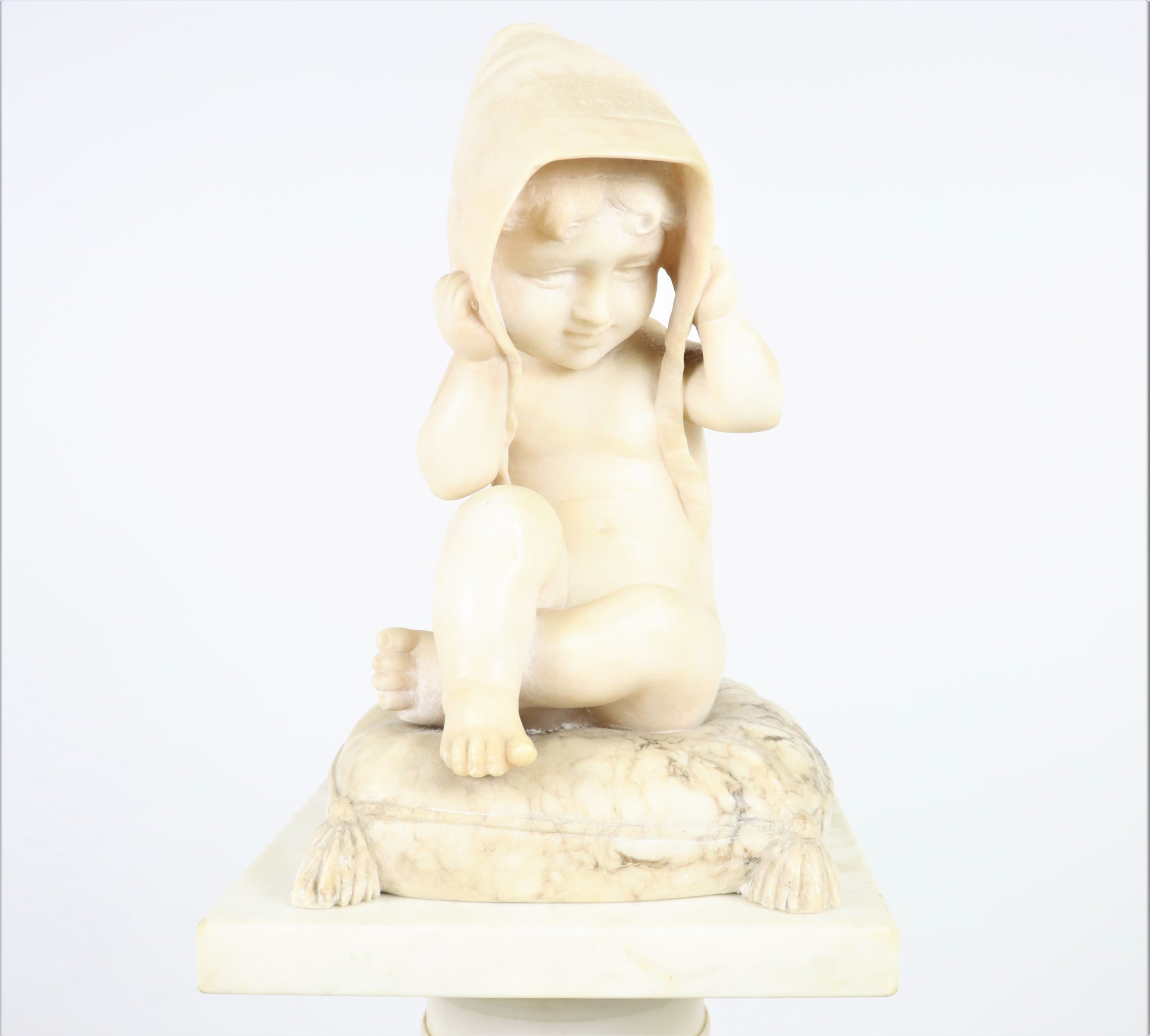 White Marble Statue of Child w Marble Column
