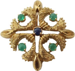 18k Gold Brooch with Sapphires _ Emeralds
