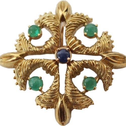 18k Gold Brooch with Sapphires _ Emeralds
