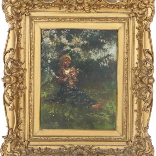 European Antique Portait of Peasant Girl, Oil on Canvas