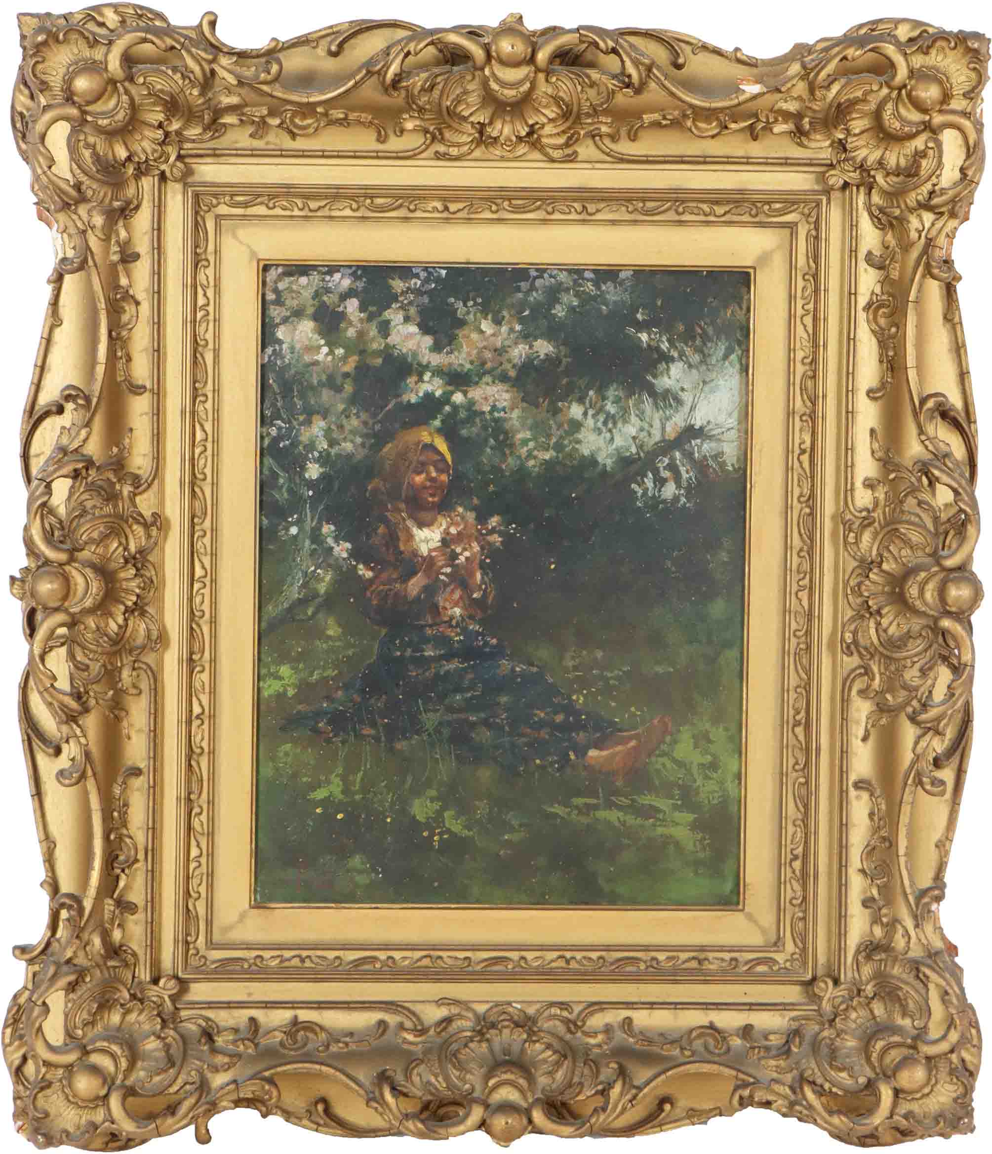 European Antique Portait of Peasant Girl, Oil on Canvas