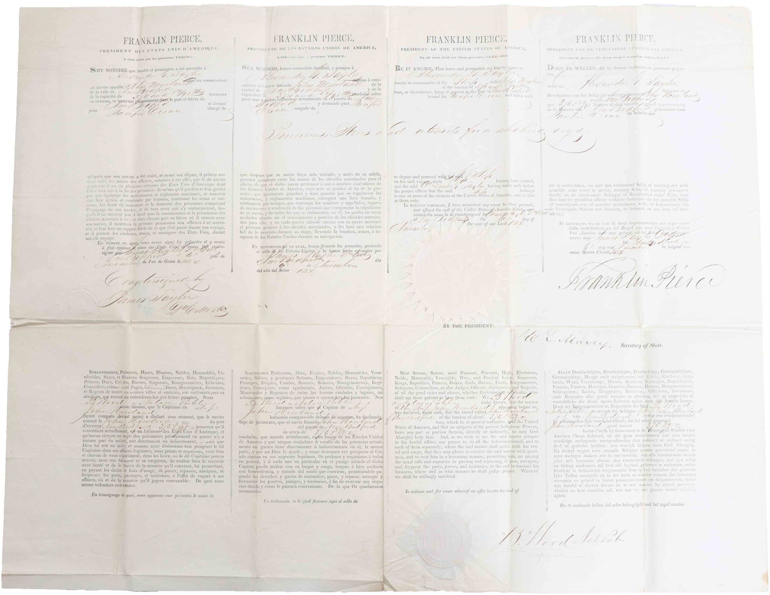 Franklin Pierce Whaling Passport 1854