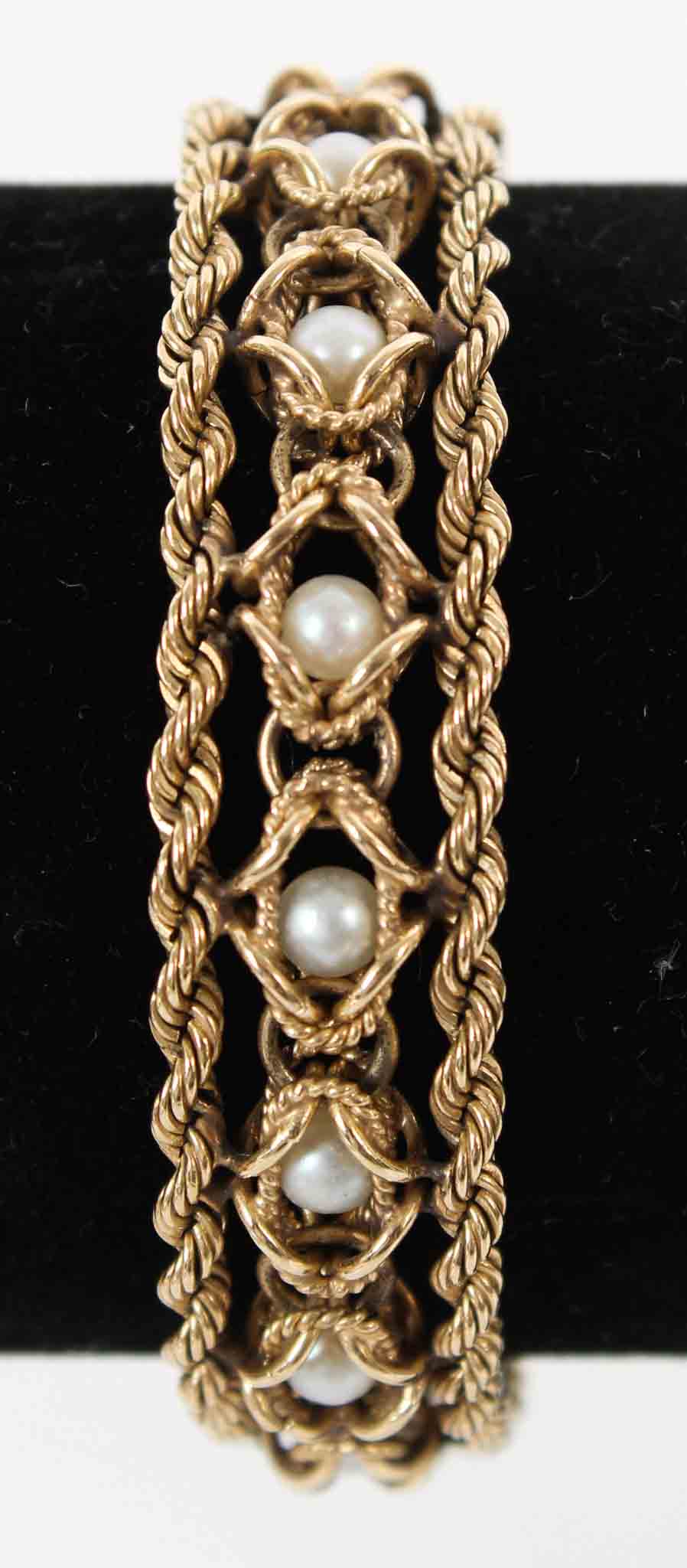 14K Yellow Gold Rope Chain Bracelet with Pearls