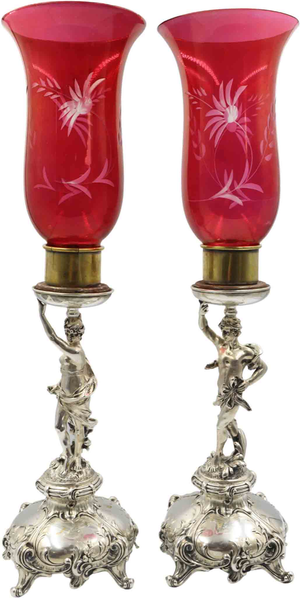Pair Figural Sterling Silver Candlesticks with Etched Ruby Red Hurriacane Globes, 29.4 OZT