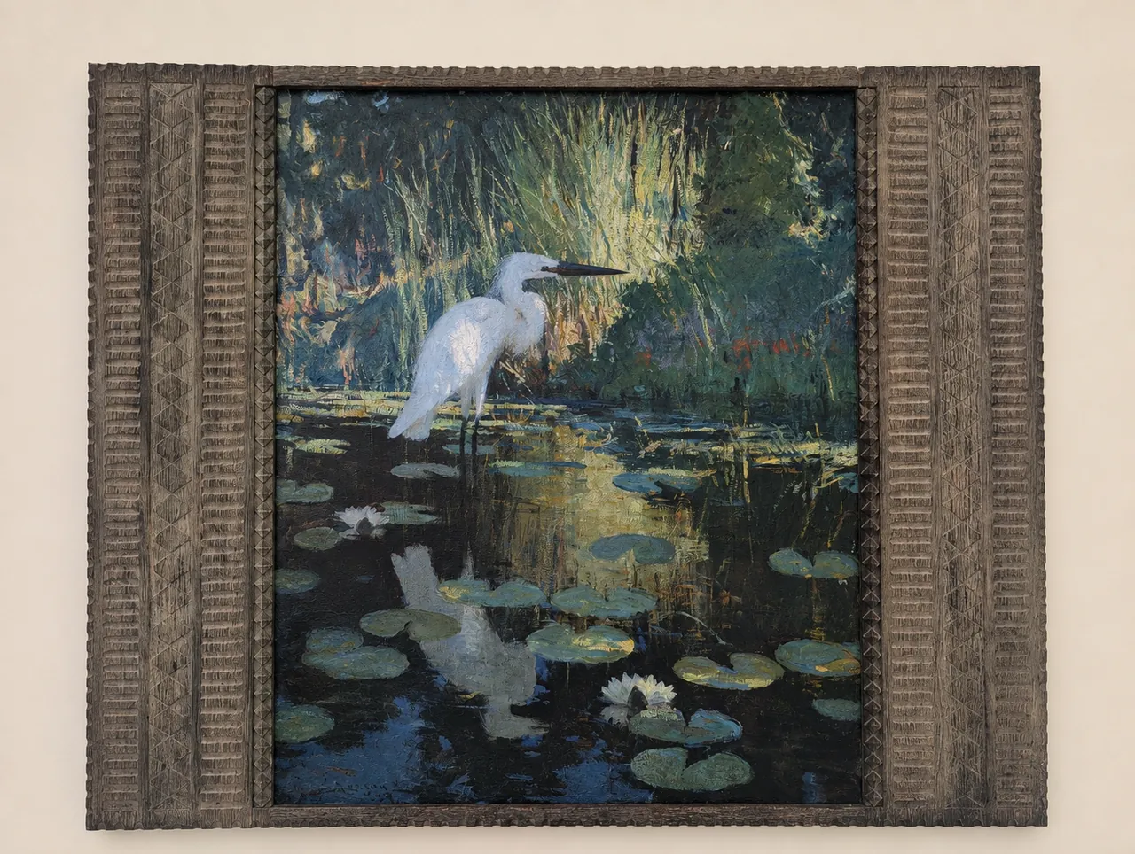 Frank Weston Benson (1862-1951) American, oil on canvas depicting a white egret in a lily pond