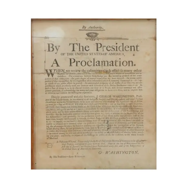Thanksgiving Day Proclamation by George Washington — sold for $47,360 at Sarasota Estate Auction